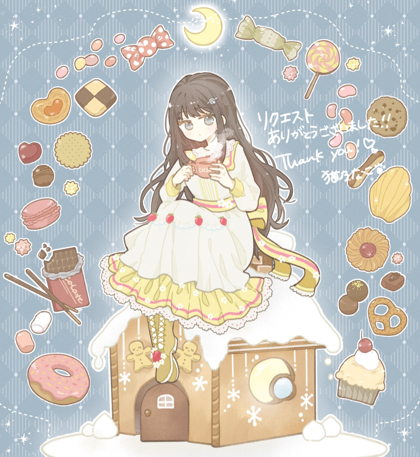 1girl back_bow black_hair blue_background boots bow candy cherry chocolate chocolate_bar closed_mouth commentary_request commission cookie crescent cross-laced_footwear cup cupcake doughnut dress drink english_commentary expressionless flower flower_(symbol) food frilled_dress frills fruit full_body grey_eyes hair_ornament heart highres holding holding_cup holding_drink knees_up lace-trimmed_dress lace-up_boots lace_trim layered_dress lollipop long_hair long_sleeves looking_at_viewer mixed-language_commentary necono_naco no_nose original pocky sidelocks signature sitting skeb_commission solo star_(symbol) steam strawberry sweets teacup thank_you white_flower yellow_bow yellow_dress yellow_footwear