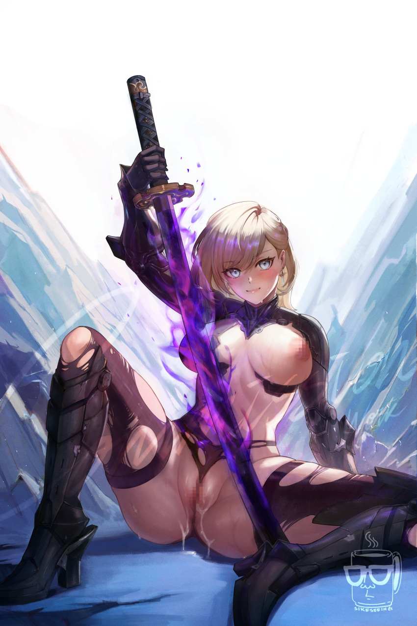 1girl absurdres armor armored_boots blonde_hair blue_eyes blush boots breasts commission english_commentary full_body gauntlets glowing glowing_weapon hair_between_eyes high_heel_boots high_heels highres holding holding_sword holding_weapon huge_weapon katana large_breasts looking_at_viewer nude original parted_bangs pussy pussy_juice short_hair sikeseeing18 sitting solo spread_legs sweat sword thighhighs torn_clothes weapon