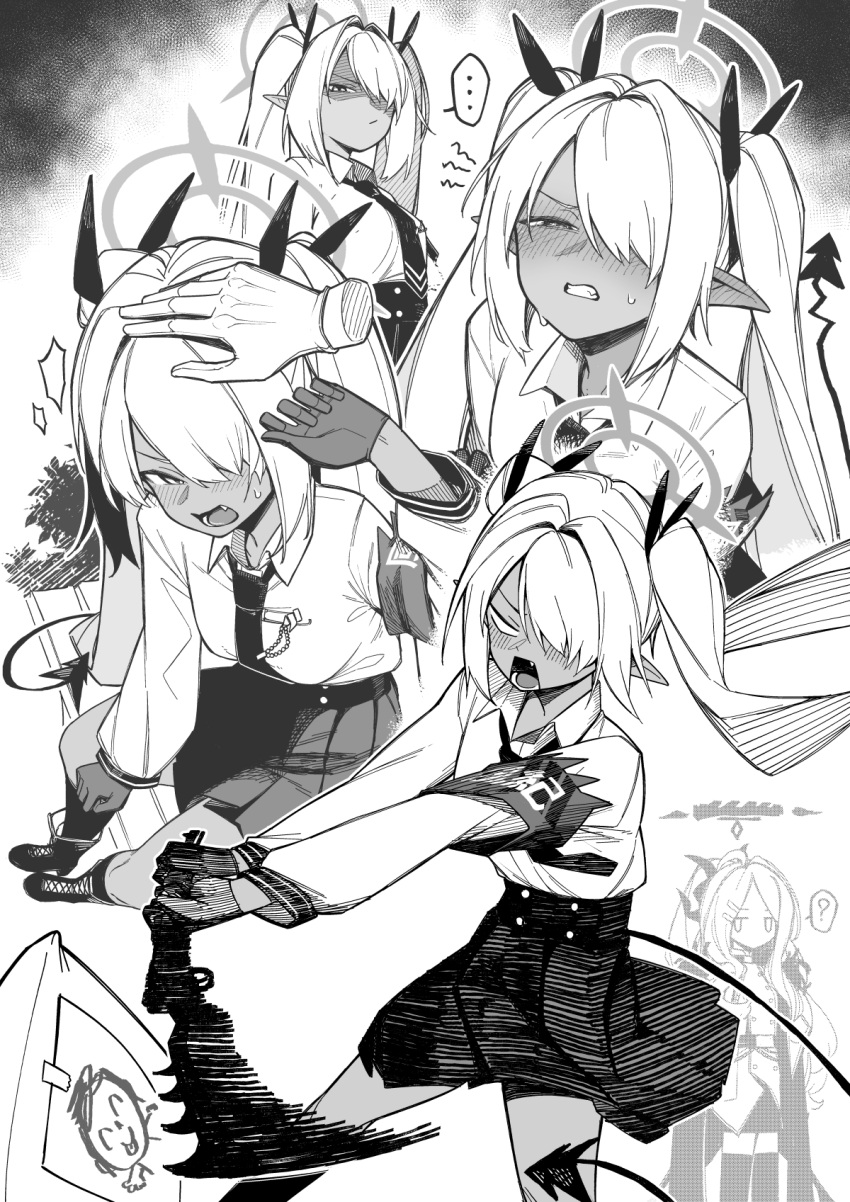 1boy 2girls ? a:n_(angrynum) angry black_footwear black_gloves black_necktie black_skirt blue_archive blush clenched_teeth dark-skinned_female dark_skin demon_girl demon_tail disembodied_limb doodle_sensei_(blue_archive) ear_blush gloves greyscale hair_over_one_eye halo hashtag_only_commentary headpat high-waist_skirt highres hina_(blue_archive) holding holding_weapon iori_(blue_archive) long_hair long_sleeves monochrome multiple_girls necktie nose_blush pointy_ears sensei_(blue_archive) shirt skirt spoken_question_mark squinting tail teeth tsundere twintails very_long_hair weapon white_hair white_shirt