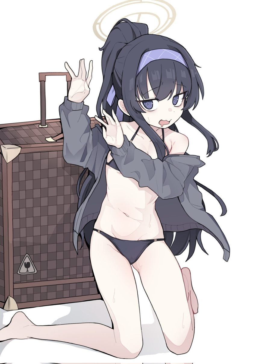 1girl @_@ bare_legs barefoot bikini black_bikini black_hair blue_archive breasts collarbone commentary_request grey_jacket hairband halo highres jacket kneeling korean_commentary long_hair long_sleeves navel official_alternate_costume open_mouth pearlgang_e ponytail purple_eyes purple_hairband simple_background small_breasts solo swimsuit ui_(blue_archive) ui_(swimsuit)_(blue_archive) white_background