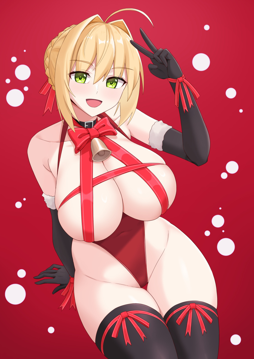 1girl absurdres ahoge bell black_gloves black_thighhighs blonde_hair blush braid breasts elbow_gloves fate/extra fate/grand_order fate_(series) french_braid gloves green_eyes hair_bun hair_intakes hair_ribbon highleg highleg_swimsuit highres jingle_bell large_breasts liu_han long_hair looking_at_viewer nero_claudius_(fate) nero_claudius_(fate/extra) one-piece_swimsuit open_mouth red_one-piece_swimsuit red_ribbon revision ribbon smile solo swimsuit thighhighs v