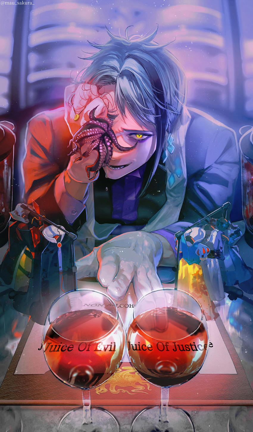 1boy absurdres ambiguous_red_liquid between_fingers black_hair blood blue_hair blue_jacket blurry clothes_hanger collared_shirt contract cup depth_of_field dress drink drinking_glass dripping earrings english_text eyeshadow from_above furrowed_brow giving gloves glowing glowing_eyes hand_over_eye hand_up highres holding holding_hair jacket jade_leech jewelry light_particles long_sleeves looking_at_viewer magatama makeup male_focus mau_sakura messy_hair multicolored_hair one_eye_covered paper pov_across_table purple_shirt sharp_teeth shirt short_hair smirk solo stole streaked_hair teeth tentacles twisted_wonderland unworn_dress upper_body white_gloves wing_collar yellow_eyes