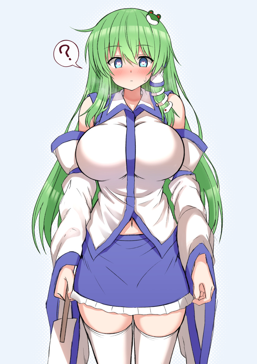 1girl ? bare_shoulders blue_eyes blue_skirt blush breasts closed_mouth cowboy_shot detached_sleeves frog_hair_ornament green_hair grey_background hair_between_eyes hair_ornament hair_tubes heart heart-shaped_pupils highres japanese_clothes kochiya_sanae large_breasts long_hair nontraditional_miko skirt snake_hair_ornament solo spoken_question_mark symbol-shaped_pupils thighhighs tksand touhou white_sleeves white_thighhighs wide_sleeves