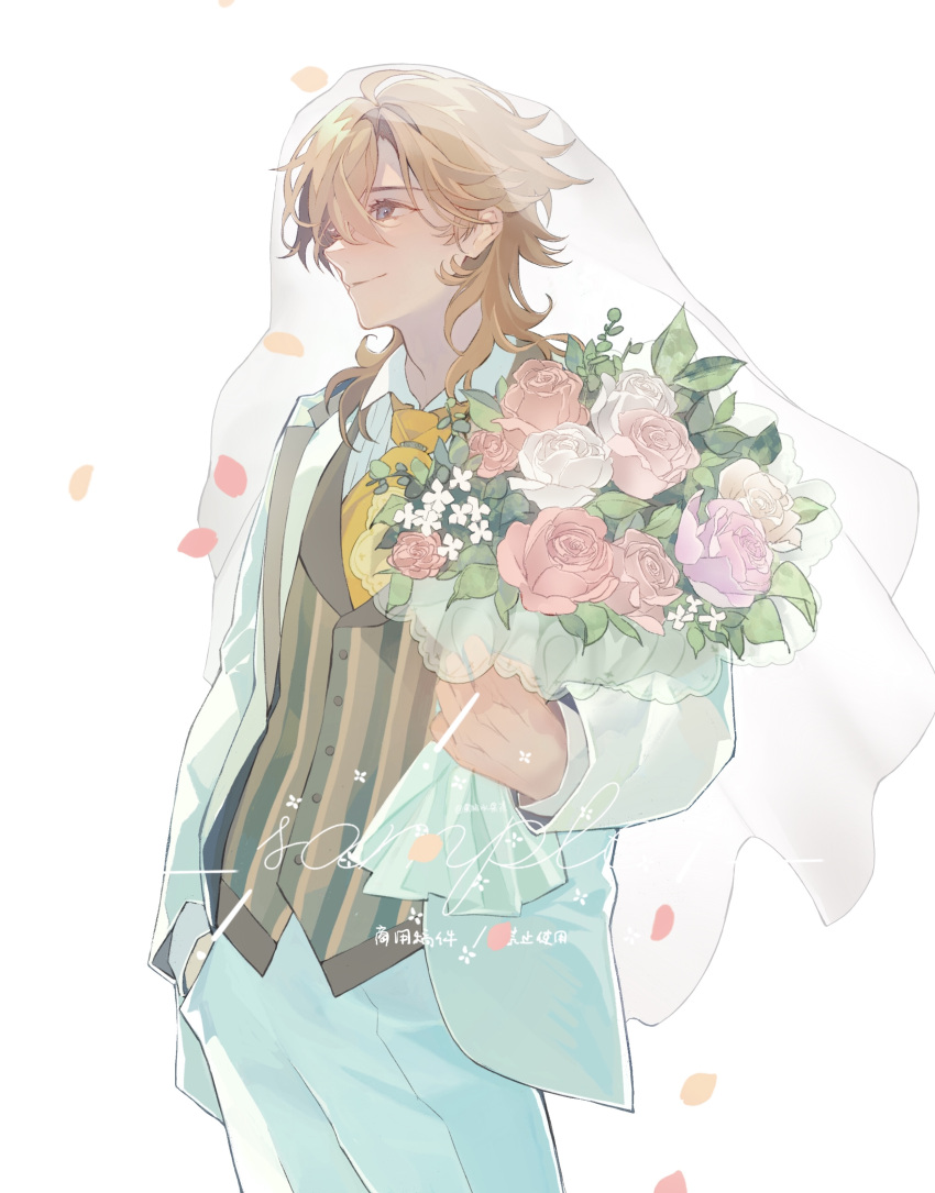 1boy absurdres blonde_hair bouquet bridal_veil brown_vest character_request chinese_commentary chinese_text closed_mouth ensemble_stars! falling_petals flower grey_eyes hand_in_pocket highres holding holding_bouquet jacket leaf light_smile long_sleeves looking_up male_focus medium_hair necktie pants petals pink_flower pink_rose plaid plaid_vest profile purple_flower purple_rose ririo rose sample_watermark simple_background solo standing veil vest watermark white_background white_flower white_jacket white_pants white_rose yellow_necktie