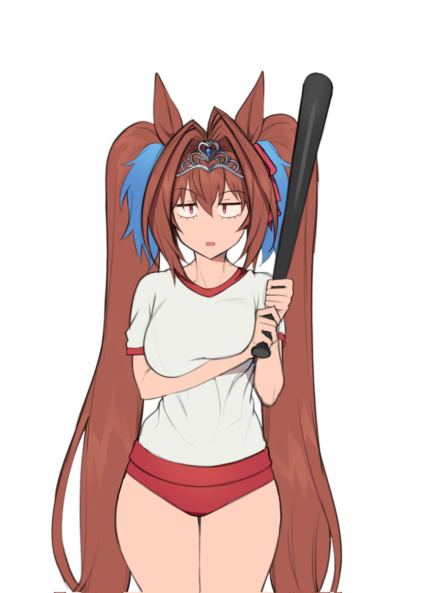 1girl animal_ears arm_under_breasts baseball_bat blue_gemstone bow buruma daiwa_scarlet_(umamusume) fukuro_(maruaru00) gem gym_shirt hair_between_eyes hair_bow hair_intakes highres holding holding_baseball_bat horse_ears horse_girl long_hair red_bow red_buruma red_eyes shirt solo tiara twintails umamusume unamused very_long_hair white_shirt