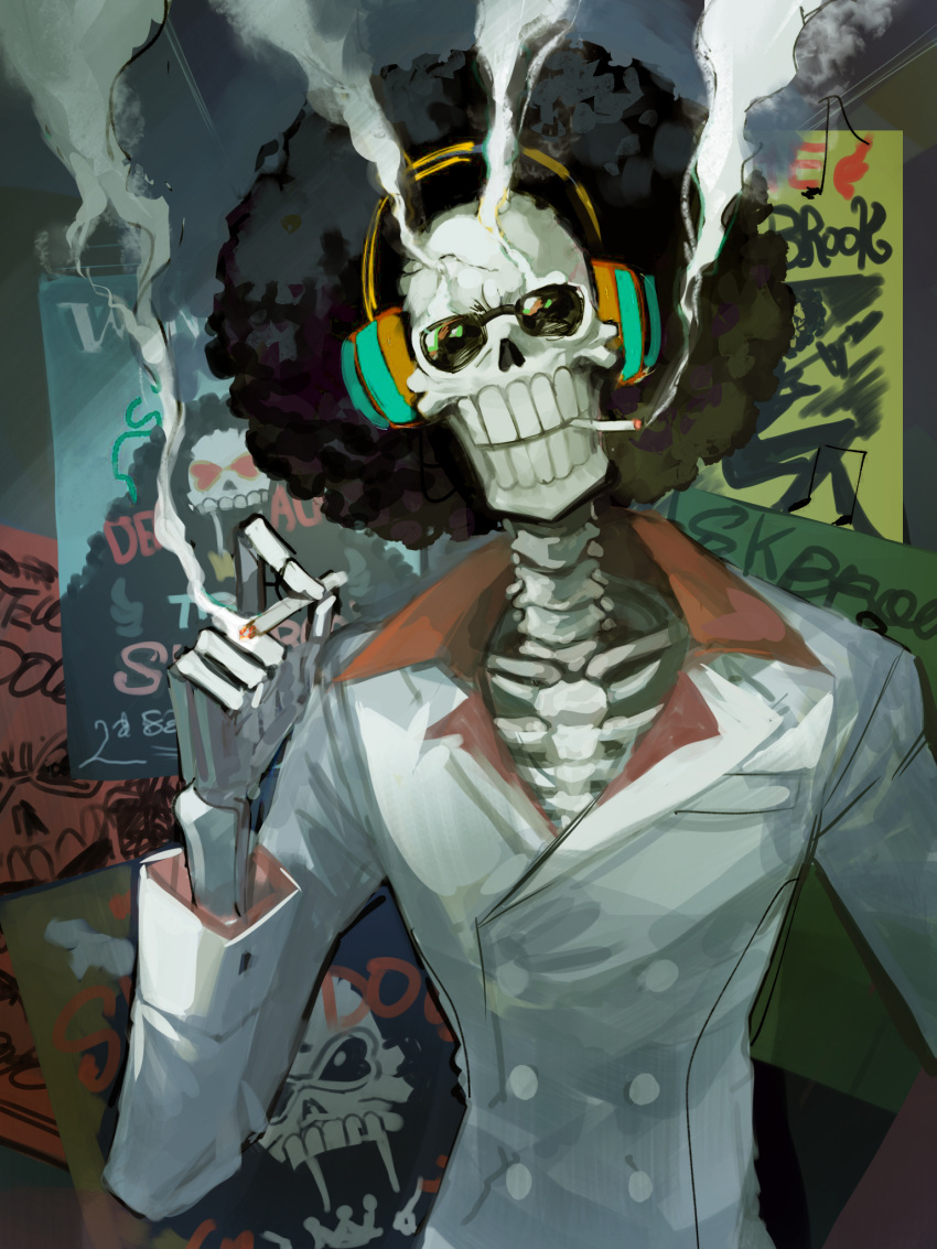 1boy afro bad_id bad_pixiv_id black_hair brook_(one_piece) character_name cigarette formal glasses headphones highres holding holding_cigarette looking_at_viewer male_focus one_piece poster_(object) santa65 skeleton smoke smoking solo suit