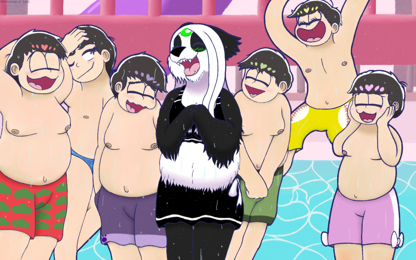 amusement_park anthro bear bikini black_body black_fur blush bridge brown_nipples choromatsu_matsuno clothing digital_drawing_(artwork) digital_media_(artwork) eyes_closed fur giant_panda group hair hand_on_head hi_res human ichimatsu_matsuno jumping jyushimatsu_matsuno karamatsu_matsuno lunarpanda8686 male mammal mika_(lunarpanda8686) mr._osomatsu nipples one_eye_closed open_mouth open_smile osomatsu_matsuno pool poolside slide smile swimwear tail teeth todomatsu_matsuno ursine water_droplets water_park wet wet_body wet_fur white_body white_fur wink