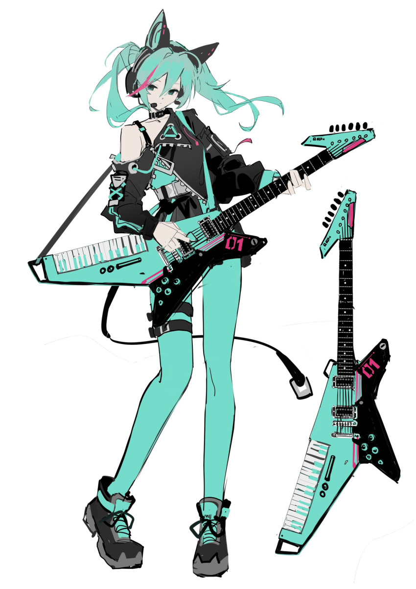 1girl alternate_costume animal_ear_headphones animal_ears aqua_eyes aqua_leggings asymmetrical_jacket baggy_clothes belt black_choker black_footwear black_jacket black_skirt cat_ear_headphones choker collarbone colored_skin contrapposto electric_guitar expressionless fake_animal_ears grey_belt grey_skin guitar half-closed_eyes hatsune_miku head_tilt headphones headset highres holding holding_guitar holding_instrument instrument jacket jiu_ye_sang keytar leggings long_hair looking_at_viewer miniskirt multicolored_hair music open_clothes open_jacket pale_skin playing_instrument serious shoes single_bare_shoulder skirt sneakers solo streaked_hair twintails vocaloid zipper zipper_pull_tab