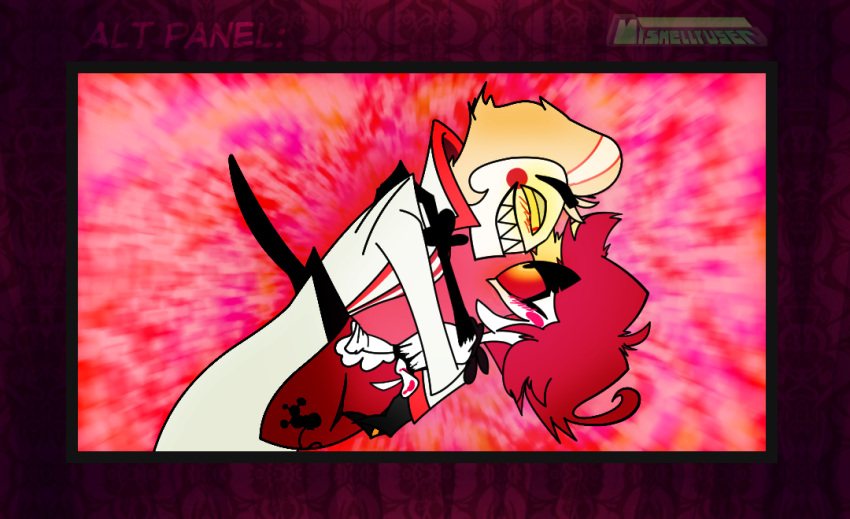16:9 1_eye 2024 anthro apron aroused_face aroused_smile blonde_hair blush blush_lines clothed clothing colored comic comic_panel cyclops demon demon_humanoid digital_drawing_(artwork) digital_media_(artwork) dress duo duo_focus fallen_angel female flat_chested flat_colors glowing glowing_eyes group hair hazbin_hotel holding_each_other humanoid lucifer_(hazbin_hotel) male messy_hair mishellyuser niffty_(hazbin_hotel) on_model one_page_comic open_mouth pupils red_eyes red_hair red_pupils smile suit teeth topless topless_female white_body white_skin widescreen yellow_eyes