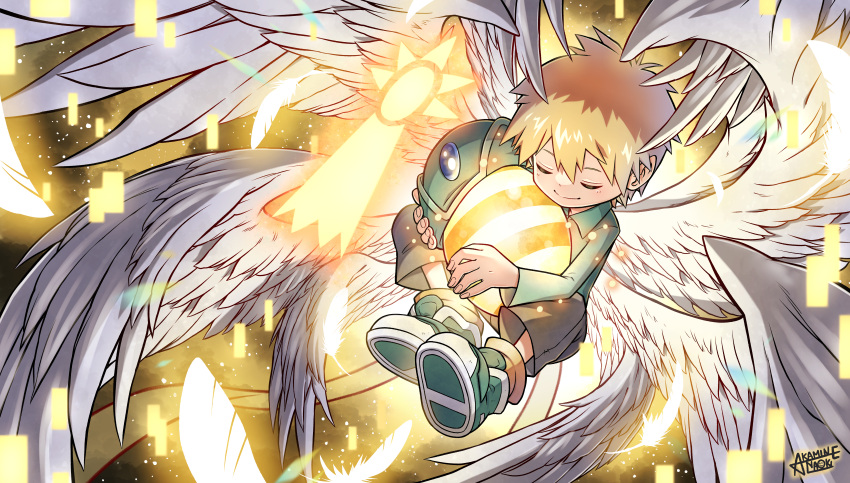 1boy absurdres akamine_naoki angel_wings angemon artist_name blonde_hair brown_shorts closed_eyes closed_mouth commentary crest digimon digimon_(creature) digimon_adventure digimon_crest digitama egg english_commentary falling_feathers feathered_wings feathers full_body glowing glowing_feather gradient_background green_footwear green_shirt hat highres holding_digimon long_sleeves male_focus mixed-language_commentary multiple_wings shirt shoes short_hair shorts signature sneakers takaishi_takeru unworn_hat unworn_headwear white_wings wings