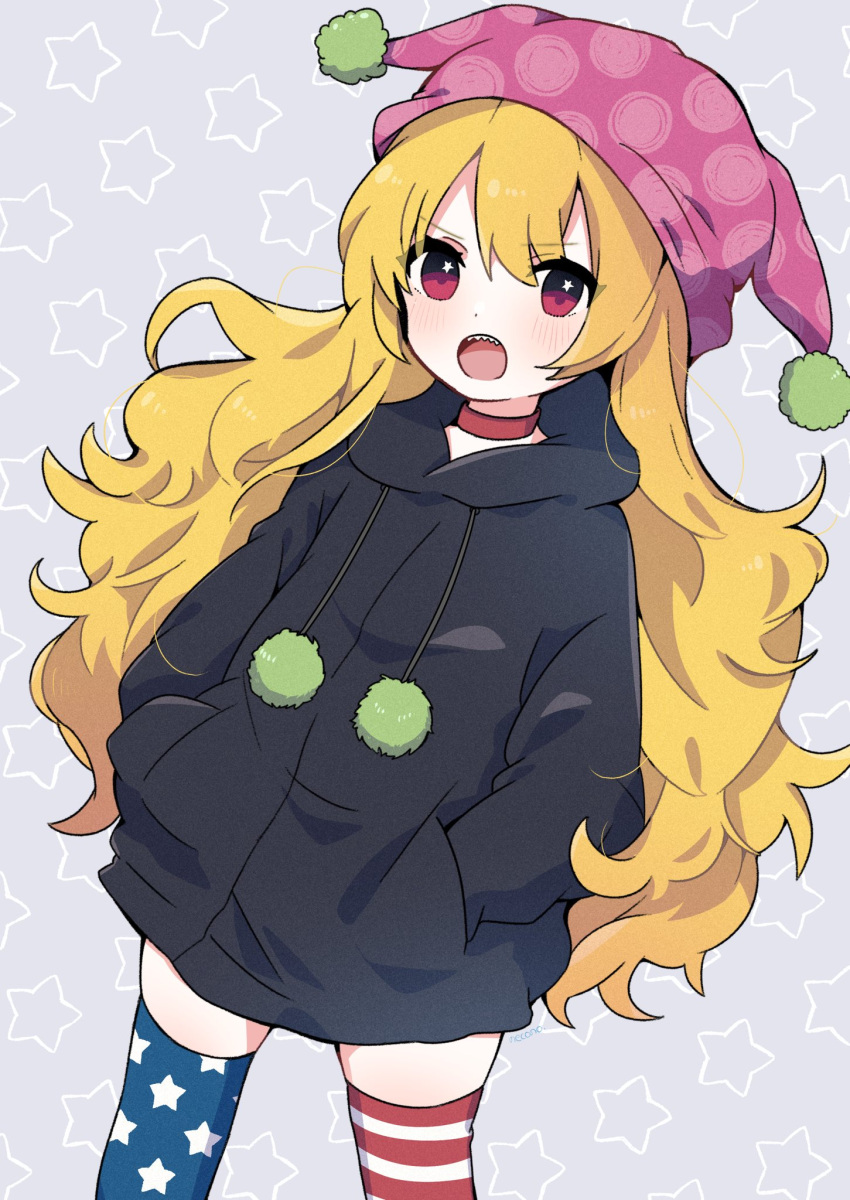 1girl american_flag_legwear black_hoodie blonde_hair blush choker clownpiece cowboy_shot grey_background hands_in_pockets hat highres hood hoodie jester_cap long_hair long_sleeves looking_at_viewer necono_(nyu6poko) open_mouth pink_headwear polka_dot polka_dot_headwear red_choker red_eyes sharp_teeth solo star_(symbol) star_print striped_clothes striped_thighhighs teeth thighhighs touhou