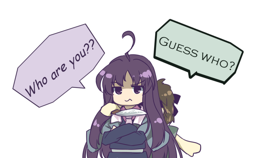 2others ahoge androgynous anmita_(rarutos) belt blue_capelet blue_coat brown_hair capelet clause_(len'en) closed_mouth coat commentary_request crossed_arms english_text kurohebi len'en long_hair long_sleeves multiple_others no_nose other_focus pink_shirt purple_eyes purple_hair shirt short_hair short_sleeves simple_background white_background white_belt