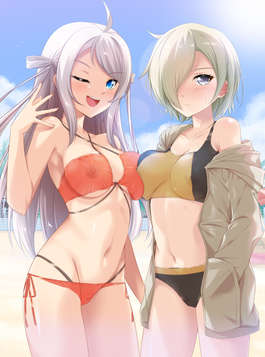 2girls ahoge bikini black_bikini blonde_hair blue_eyes blue_sky blush bodypaint breast_press breasts brown_jacket bunji cloud completely_nude gold_bikini grey_hair hair_over_one_eye hand_in_pocket highres jacket large_breasts long_hair looking_at_viewer love_live! love_live!_nijigasaki_high_school_idol_club mia_taylor mole mole_under_eye multicolored_bikini multicolored_clothes multiple_girls navel nipples nude one_eye_closed open_mouth painted_clothes pussy red_bikini short_hair side-tie_bikini_bottom sky smile standing sweatdrop swimsuit teeth upper_teeth_only zhong_lanzhu