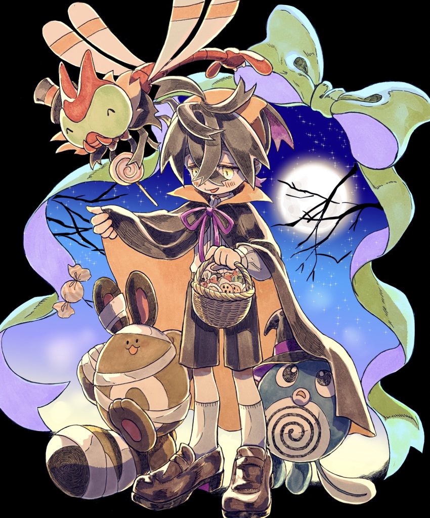 1boy ^_^ bandages black_background black_hair blush bow candy cape closed_eyes food full_body furret halloween halloween_costume hasu_(2157hasu) hat highres kieran_(pokemon) lollipop long_sleeves male_focus multicolored_hair mummy_costume open_mouth pokemon pokemon_(creature) pokemon_sv poliwag purple_hair shoes shorts simple_background socks witch_hat yanma