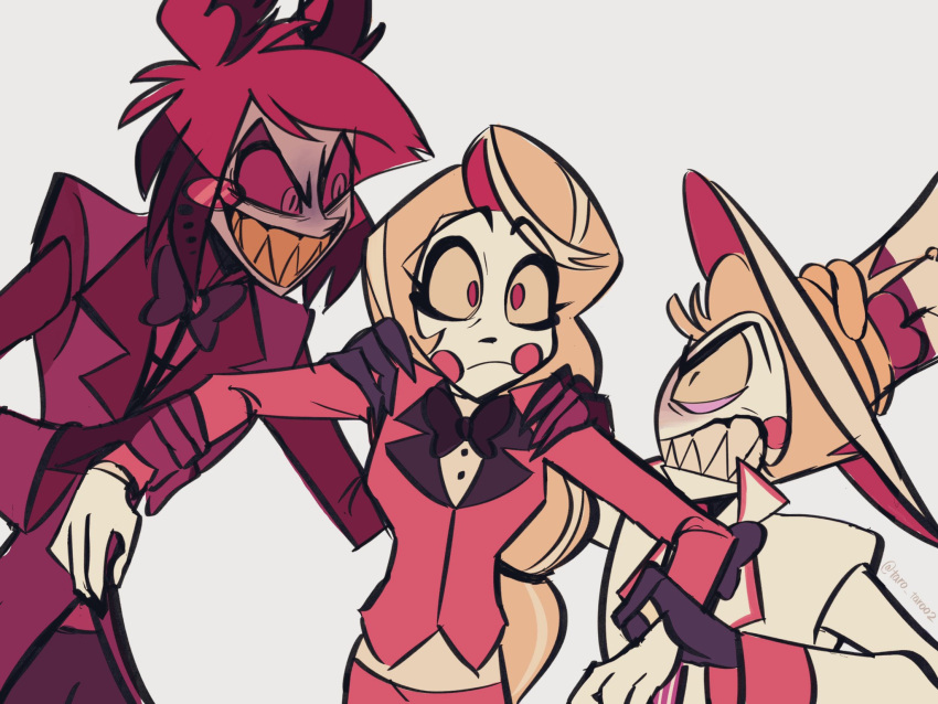 ._. 1girl 2boys alastor_(hazbin_hotel) arm_grab blonde_hair charlie_morningstar clenched_teeth colored_sclera commentary_request father_and_daughter formal grabbing_another's_arm grin hand_on_another's_shoulder hat hazbin_hotel height_difference highres long_hair lucifer_(hazbin_hotel) multiple_boys red_eyes red_hair red_sclera sharp_teeth short_hair smile suit taro_taroo2 teeth yellow_sclera