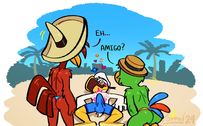 anatid anseriform anthro asymmetrical_clothing avian beach beak bird blush butt chicken clothed clothing disney donald_duck duck english_text erection erection_under_clothing feathers galliform gallus_(genus) green_body green_feathers group jose_carioca male male/male panchito_pistoles parrot phasianid poppin_zan red_feather_hair seaside side_sling_speedo speedo swimwear text trio