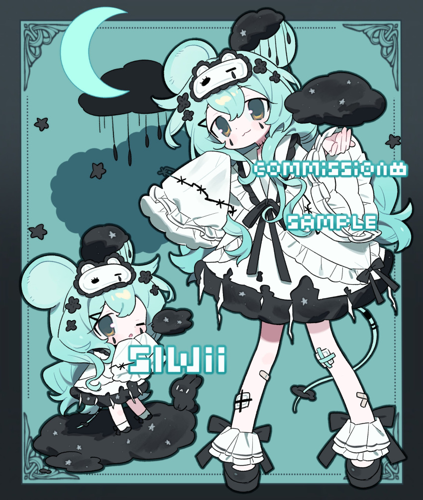 absurdres animal_ears aqua_background aqua_hair black_cloud black_clouds black_ribbon copyright_request crescent_moon hair_ornament highres long_sleeves moon mouse_ears mouse_girl mouse_tail ribbon sleeves_past_fingers sleeves_past_wrists slwii2 tail