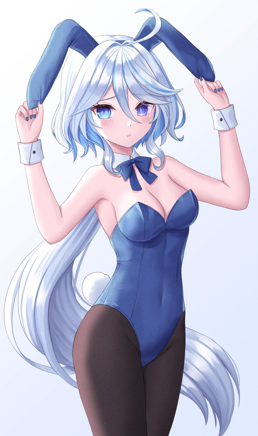 1girl absurdres alternate_costume animal_ears bare_shoulders blue_background blue_bow blue_bowtie blue_eyes blue_leotard bow bowtie breasts fake_animal_ears furina_(genshin_impact) genshin_impact gradient_background hair_between_eyes heterochromia highres leotard long_hair looking_at_viewer medium_breasts multicolored_hair playboy_bunny rabbit_ears seungju_lee solo two-tone_hair white_hair