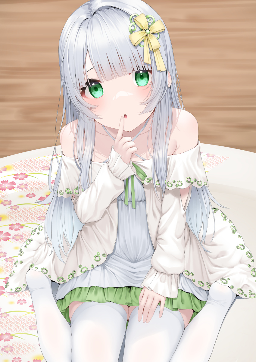 1girl :o absurdres bare_shoulders collarbone commentary_request criss-cross_halter dress finger_to_mouth frilled_dress frills green_eyes grey_dress grey_hair halterneck hand_up hashiko_nowoto head_tilt highres jacket long_hair long_sleeves looking_at_viewer no_shoes off-shoulder_jacket off_shoulder original parted_lips puffy_long_sleeves puffy_sleeves sitting sleeves_past_wrists solo thighhighs very_long_hair wariza white_jacket white_thighhighs wooden_floor