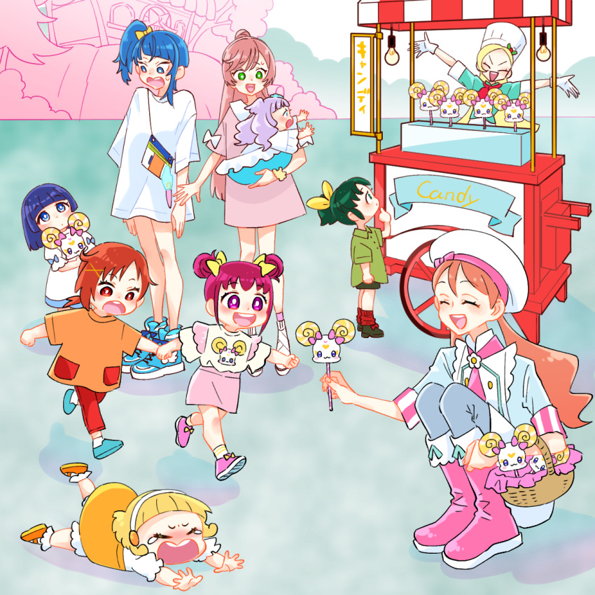 6+girls aged_down aoki_reika arms_up baby_carrier beret blonde_hair blue_eyes blue_footwear blue_hair blunt_bangs blunt_ends bob_cut boots bright_pupils brown_hair candy character_print chef_hat closed_eyes commentary day double_bun dress ellee-chan falling food frown giving gloves green_eyes grey_pants hair_bun hairband hat hino_akane_(smile_precure!) hirogaru_sky!_precure holding holding_hands holding_stuffed_toy hoshizora_miyuki in-franchise_crossover kirahoshi_ciel kirakira_precure_a_la_mode kise_yayoi long_shirt looking_at_another low_twintails midorikawa_nao mirage_pen multiple_girls nijigaoka_mashiro no_socks open_mouth orange_shirt outdoors pants pink_dress pink_eyes pink_footwear pink_hair pink_skirt precure print_shirt red_eyes red_hair red_pants running shirt shoes short_dress short_sleeves side_ponytail single_hair_bun single_sidelock skirt smile smile_precure! sneakers sora_harewataru squatting standing stuffed_toy sweatdrop t-shirt tearing_up ton_(ton39342104) translated twintails usami_ichika vending_cart white_gloves white_hairband white_headwear white_pupils white_shirt yellow_footwear yellow_skirt