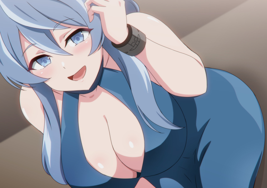 1girl ako_(blue_archive) ako_(dress)_(blue_archive) bell blue_archive blue_eyes blue_hair blush breasts cleavage commentary hairband hara_(harayutaka) highres large_breasts long_hair long_sleeves looking_at_viewer neck_bell official_alternate_costume open_mouth sideless_outfit sideless_shirt solo thighs