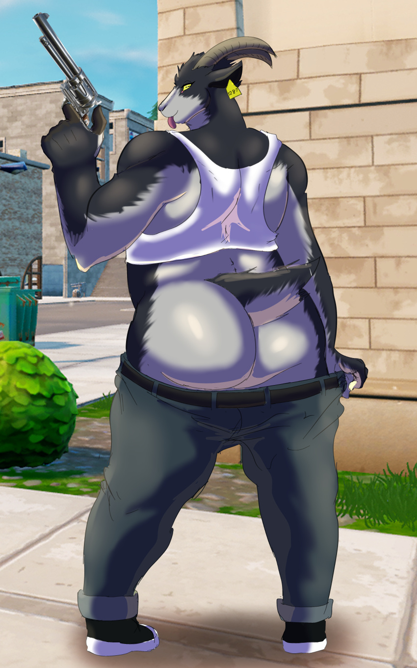 absurd_res anthro big_butt bottomwear bottomwear_down bovid butt caprine clothed clothing ear_tag epic_games female fortnite goat goat_simulator gun hi_res kuroinsolitude mammal muscular muscular_female pants pants_down partially_clothed pilgor_(goat_simulator) ranged_weapon solo tongue tongue_out weapon