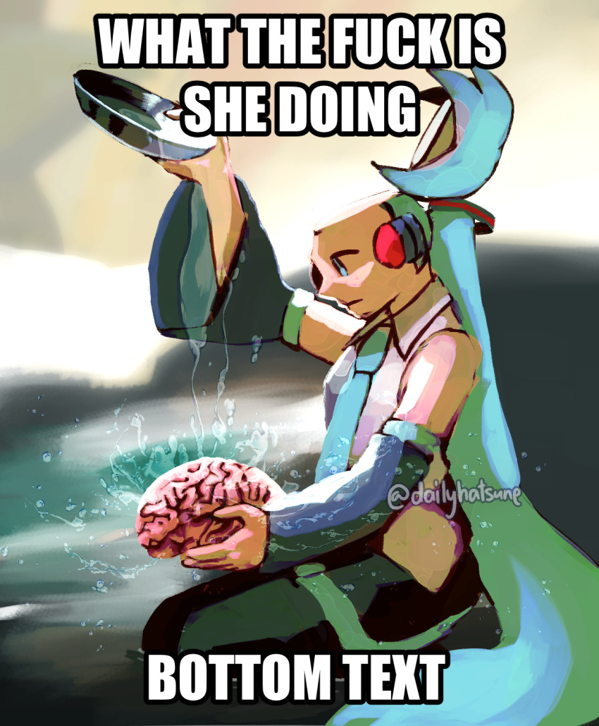 1girl aqua_eyes aqua_hair aqua_necktie artist_name black_sleeves bowl closed_mouth commentary detached_sleeves english_commentary english_text expressionless full_body hatsune_miku highres holding holding_bowl holding_brain image_macro_(meme) impact_(font) kneeling long_hair meme necktie odakuram pouring shirt sitting sleeveless sleeveless_shirt solo very_long_hair vocaloid water watermark white_shirt