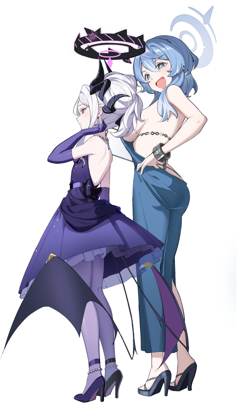 2girls absurdres ako_(blue_archive) ako_(dress)_(blue_archive) anklet ass backless_dress backless_outfit bare_shoulders bead_necklace beads blue_archive blue_dress blue_eyes blue_hair blush bow breasts bright_pupils clipboard cuffs dangle_earrings demon_horns demon_wings dress earrings elbow_gloves evening_gown full_body gloves hair_between_eyes halo hand_on_own_hip hand_up high_heels highres hina_(blue_archive) hina_(dress)_(blue_archive) holding holding_clipboard horns jewelry large_breasts low_wings medium_hair multiple_girls multiple_horns necklace official_alternate_costume official_alternate_hairstyle open_mouth pantyhose purple_bow purple_dress purple_eyes shackles sideboob single_sidelock sleeveless sleeveless_dress small_breasts tamago_(eva1314056) white_background white_hair white_pupils wings