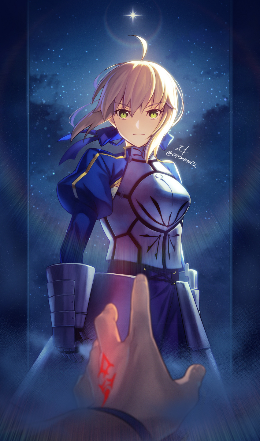 1boy 1girl absurdres ahoge armor armored_dress artoria_pendragon_(fate) blonde_hair blue_dress blue_ribbon breastplate closed_mouth command_spell dress emiya_shirou fate/stay_night fate_(series) faulds gauntlets green_eyes hair_ribbon highres juliet_sleeves light_particles long_sleeves looking_at_viewer moto_(otemoto02) night night_sky pov pov_hands puffy_sleeves reaching ribbon saber_(fate) serious short_hair sidelocks signature sky solo_focus