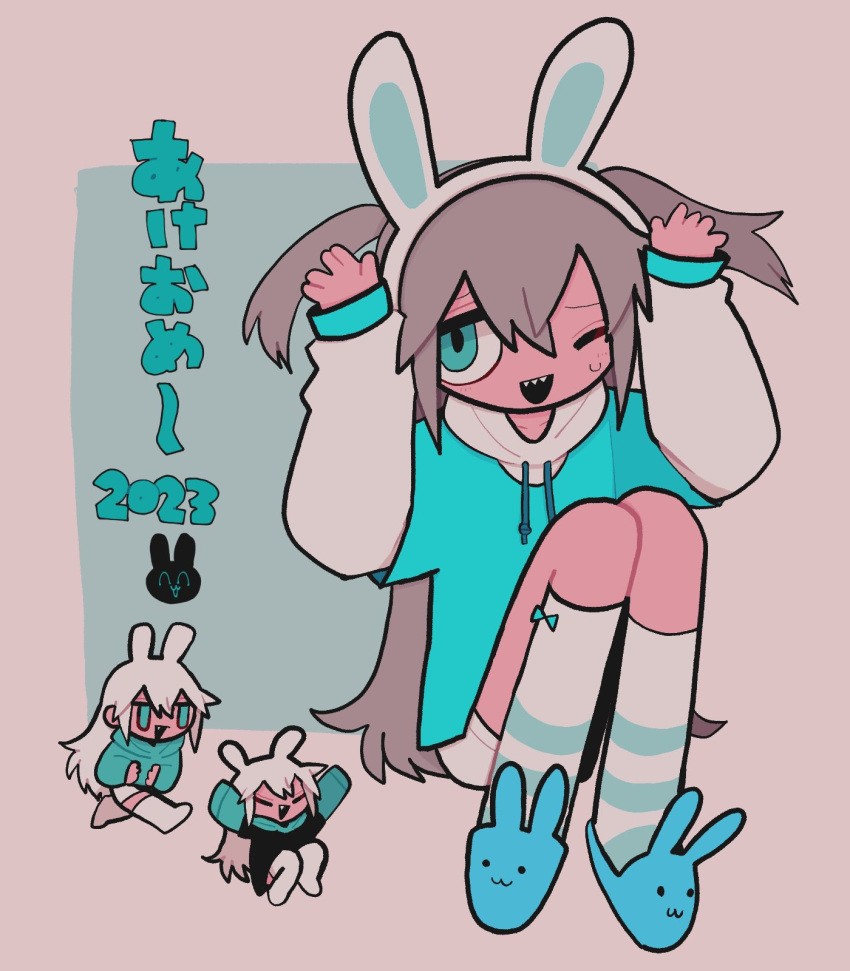 1girl 2023 alternate_hairstyle animal animal_ears animal_slippers aqua_eyes aqua_hoodie black_shirt blonde_hair blue_background chibi chibi_inset chinese_zodiac fake_animal_ears hair_between_eyes highres ichika-chan_(iiiichimaru_03) iiiichimaru_03 jumping long_hair long_sleeves one_eye_closed open_mouth original paw_pose rabbit rabbit_ears running sharp_teeth shirt shorts sidelocks simple_background sitting slippers socks solo sweatdrop teeth twintails white_background white_hair white_shorts white_sleeves white_socks year_of_the_rabbit