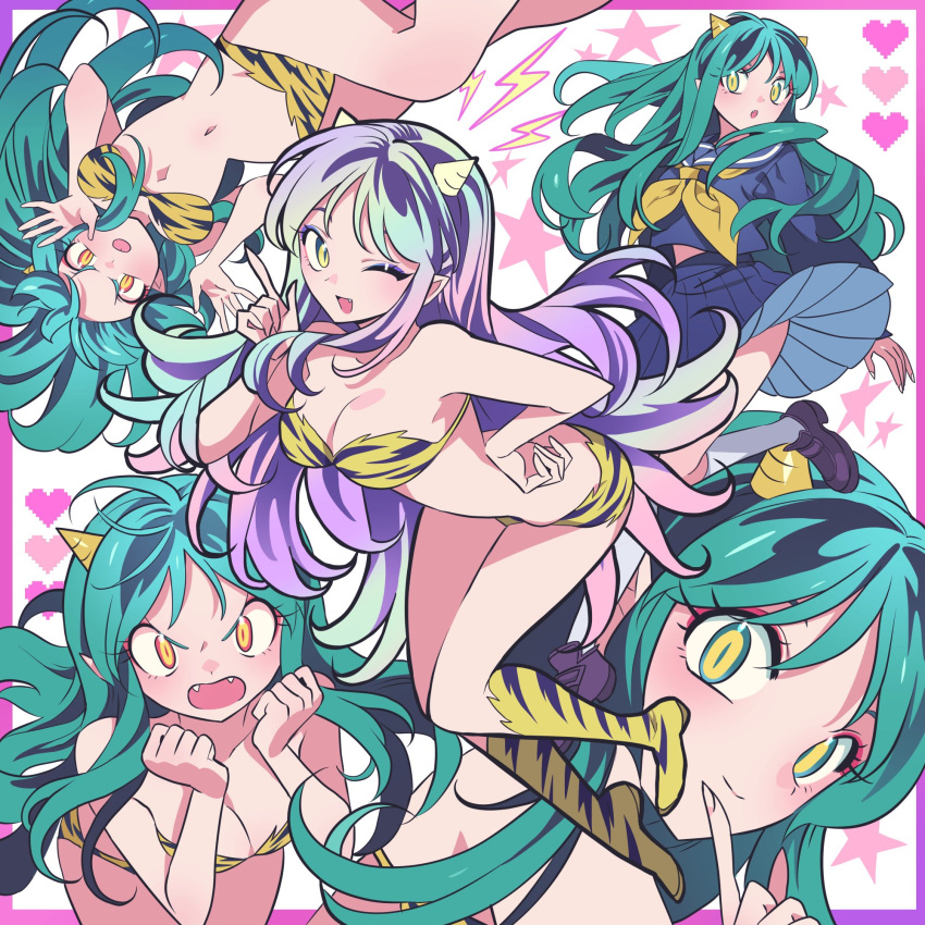 1girl angry animal_print bikini blue_serafuku blue_shirt blue_skirt border breasts clenched_hands cone_horns eyeshadow fangs finger_to_mouth floating full_body furrowed_brow green_hair hand_on_own_hip hand_up hands_up heart highres horns index_finger_raised leaning_forward long_hair long_sleeves looking_at_viewer lum makeup medium_breasts meremero multiple_views neckerchief one_eye_closed oni open_mouth pink_border pink_eyeshadow pleated_skirt pointy_ears print_bikini print_footwear school_uniform serafuku shirt skirt slit_pupils small_horns smile star_(symbol) strapless strapless_bikini swimsuit tiger_print upper_body urusei_yatsura very_long_hair yellow_bikini yellow_eyes yellow_horns yellow_neckerchief