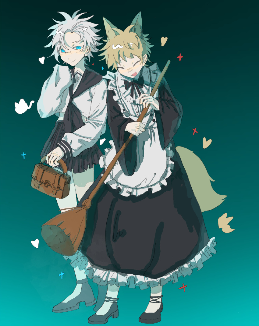 2boys absurdres alternate_costume animal_ear_fluff animal_ears apron atou_haruki bag black_dress black_footwear black_neckerchief black_sailor_collar black_skirt blonde_hair broom brown_bag chinese_commentary closed_eyes closed_mouth commentary_request dress elm_(xinjinjumin6457389) enmaided fox_boy fox_ears fox_tail frilled_apron frilled_dress frills gradient_background green_background heart highres holding holding_bag holding_broom kemonomimi_mode long_sleeves maid male_focus miniskirt multiple_boys neckerchief open_mouth otoko_no_ko pleated_skirt rectangular_eyewear saibou_shinkyoku sailor_collar school_uniform semi-rimless_eyewear shirt short_hair skirt smile tail white_apron white_hair white_shirt wide_sleeves