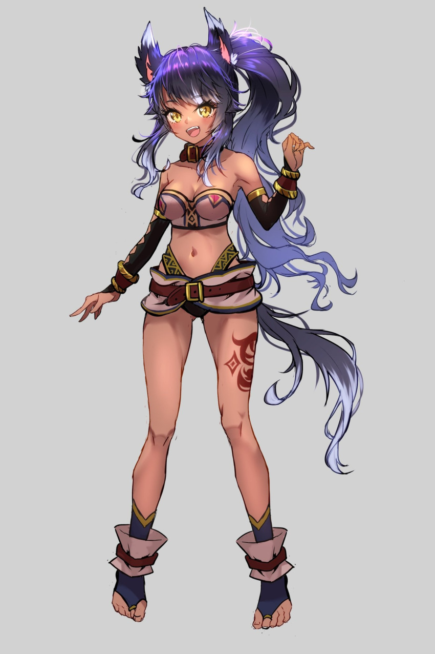 1girl animal_ears bare_legs bare_shoulders belt belt_buckle belt_choker blush body_markings breasts bridal_gauntlets bridal_legwear buckle character_request choker crop_top fang feet fujiya_takao grey_background grey_hair highres jewelry long_bangs long_eyelashes long_hair medium_breasts midriff multicolored_hair multiple_belts navel open_mouth original patterned_clothing pinky_out ponytail purple_hair revealing_clothes ring silver_ring smile tan toe_ring toeless_legwear toenails toes tongue white_hair wolf_ears yellow_eyes