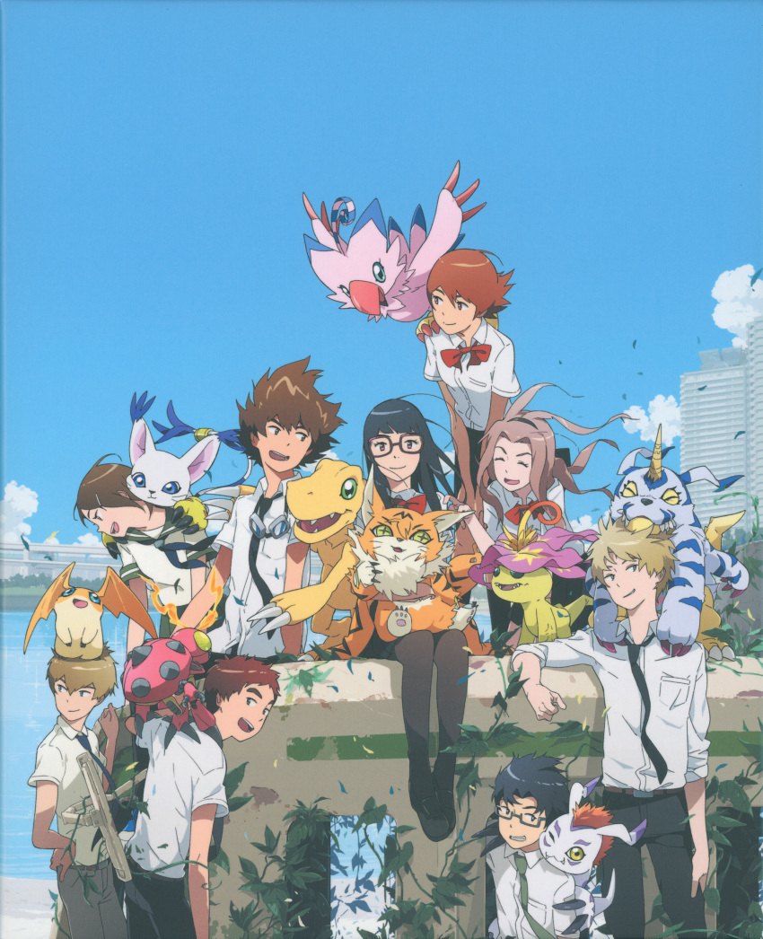 absurdres agumon bird blonde_hair blue_eyes brother_and_sister bug cat character_request cloud cloudy_sky digimon digimon_(creature) digimon_adventure_tri. friends gabumon gomamon highres ishida_yamato izumi_koshiro kido_jo multiple_boys multiple_girls official_art orange_hair palmon piyomon short_hair siblings sky tachikawa_mimi tailmon takenouchi_sora tentomon train yagami_hikari yagami_taichi