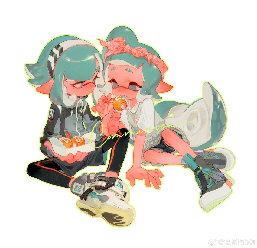 2girls @_@ absurdres aqua_eyes aqua_hair bandana black_leggings box colored_skin commission creamyghost feeding food full_body grey_jacket grey_shorts hairband highres holding holding_box holding_food jacket leggings long_sleeves medium_hair multiple_girls octoling octoling_girl open_mouth outline pink_bandana pink_skin sauce shirt shoes short_sleeves shorts shrimp sidelocks simple_background sitting sneakers splatoon_(series) splatoon_3 t-shirt tentacle_hair watermark weibo_logo weibo_username white_background white_hairband white_shirt yellow_outline zipper zipper_pull_tab