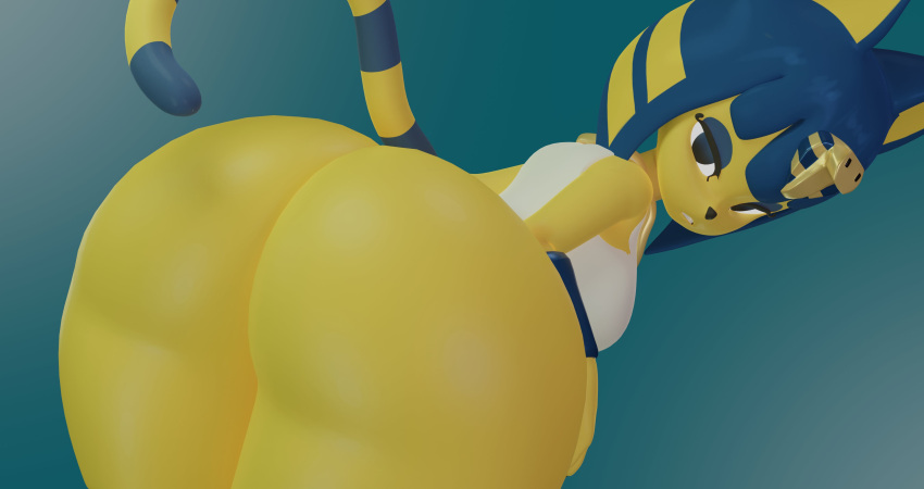 2022 3d_(artwork) absurd_res animal_crossing ankha_(animal_crossing) ankha_(hazeker) anthro big_butt blonde_hair blue_background blue_body blue_ears blue_eyes blue_fur blue_hair blue_tail bottomless bubble_butt butt butt_focus clothed clothing curvy_figure digital_media_(artwork) domestic_cat felid feline felis female fur hair hi_res huge_butt looking_at_viewer low-angle_view makeup mammal mostly_nude mr_chazz80 multicolored_body multicolored_ears multicolored_fur multicolored_hair multicolored_tail nintendo presenting seductive short_hair simple_background solo source_filmmaker tail thick_thighs topwear wide_hips yellow_body yellow_fur yellow_inner_ear yellow_tail
