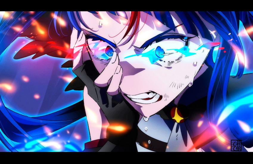 1girl aoi_tete artist_logo black_gloves black_wings blue_eyes blue_hair brooch cure_sky cut_bangs dark_cure_sky dark_persona detached_sleeves embers feathered_wings fingerless_gloves frown gloves glowing glowing_eyes grimace hand_on_own_face highres hirogaru_sky!_precure jewelry letterboxed long_hair magical_girl multicolored_hair precure puffy_detached_sleeves puffy_sleeves solo sora_harewataru streaked_hair sweat twintails wing_brooch wings