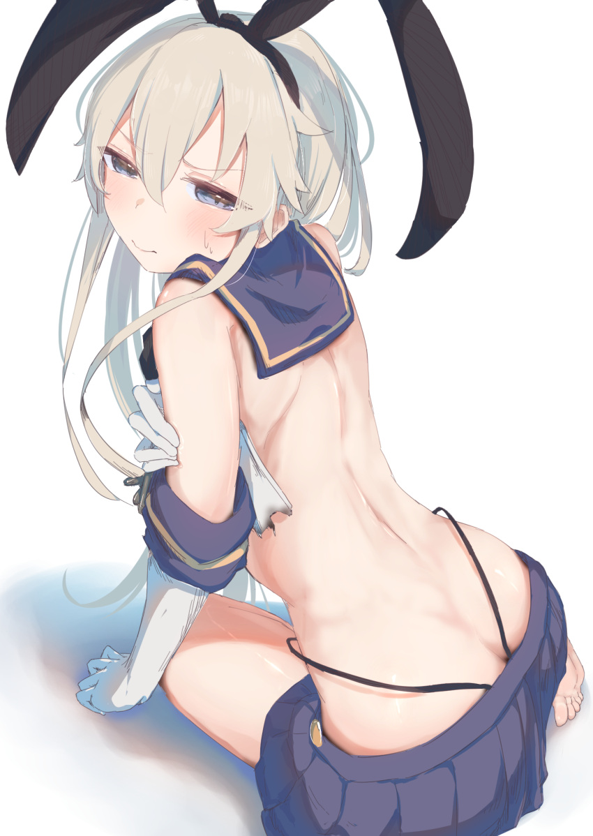 1girl arm_support ass back bare_back bare_shoulders barefoot black_panties black_ribbon black_skirt blonde_hair blue_eyes blue_sailor_collar closed_mouth commentary elbow_gloves from_above from_behind frown gloves hair_between_eyes hair_ribbon half-closed_eyes highleg highleg_panties highres kantai_collection kneeling leaning_forward long_hair looking_at_viewer looking_back miniskirt mok4suke panties pleated_skirt ribbon sailor_collar shimakaze_(kancolle) shirt sidelocks simple_background skirt sleeveless sleeveless_shirt solo sweatdrop torn_clothes torn_shirt underwear v-shaped_eyebrows white_background white_gloves white_shirt