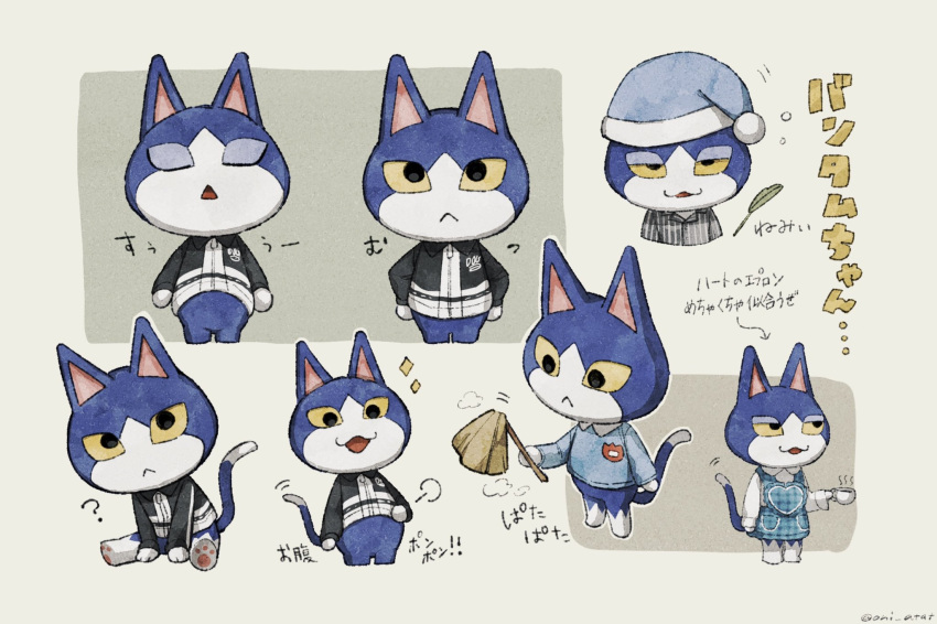 1boy :&lt; :3 :d ? animal_crossing apron arrow_(symbol) black_jacket black_pajamas black_shirt blue_apron blue_headwear blue_shirt cat_boy closed_eyes closed_mouth coffee coffee_mug collared_shirt commentary_request cropped_legs cropped_shoulders cup duster furry furry_male grey_background hand_up hat heart highres holding holding_cup holding_duster jacket kaji_(oni_atat) long_sleeves looking_at_viewer male_focus mug multicolored_clothes multicolored_jacket multiple_views name_tag nightcap open_mouth pajamas plaid plaid_apron pom_pom_(clothes) shirt simple_background sitting smile sparkle striped_clothes striped_pajamas striped_shirt tom_(animal_crossing) translation_request triangle_mouth two-tone_jacket vertical-striped_clothes vertical-striped_pajamas vertical-striped_shirt white_shirt wing_collar yellow_eyes