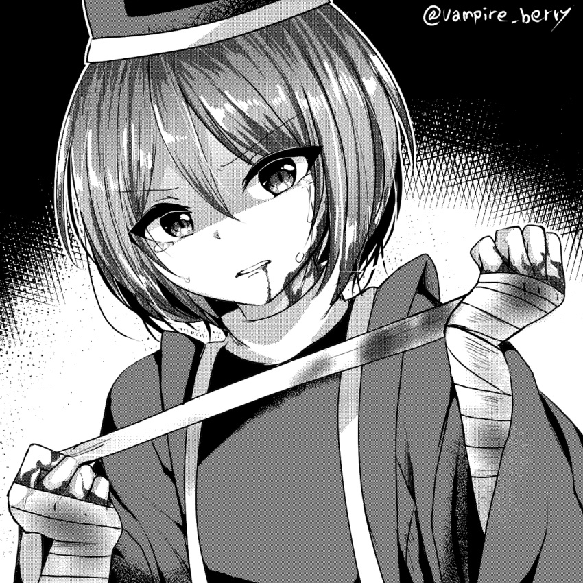 1other androgynous bandaged_arm bandages blood blood_from_mouth blood_on_bandages blood_on_hands commentary_request crying crying_with_eyes_open greyscale hair_between_eyes hat highres kashiwagi_kaoru len'en long_sleeves monochrome other_focus ougi_hina screentones shaded_face short_hair solo tears twitter_username upper_body v-shaped_eyebrows