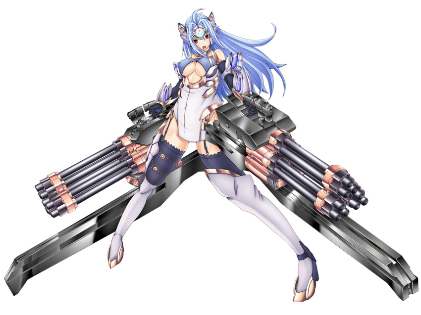 android animal_ears ass_visible_through_thighs blue_hair breasts cleavage cyborg forehead_protector garter_straps gatling_gun gotamin huge_weapon kos-mos large_breasts long_hair minigun solo thighhighs underboob weapon xenosaga