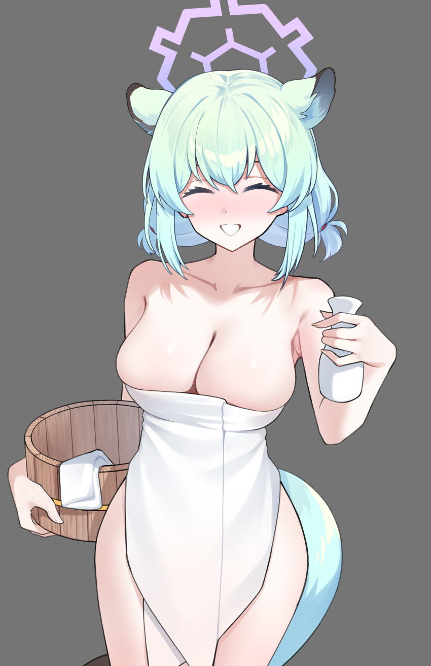 1girl ^_^ absurdres animal_ears blue_archive blue_halo bottle breasts bucket cleavage closed_eyes coke0502 collarbone extra_ears feet_out_of_frame green_hair grey_background halo highres holding holding_bottle holding_bucket large_breasts median_furrow medium_hair naked_towel official_alternate_costume purple_eyes shigure_(blue_archive) shigure_(hot_spring)_(blue_archive) short_twintails simple_background solo tail tokkuri towel twintails weasel_ears weasel_tail white_towel