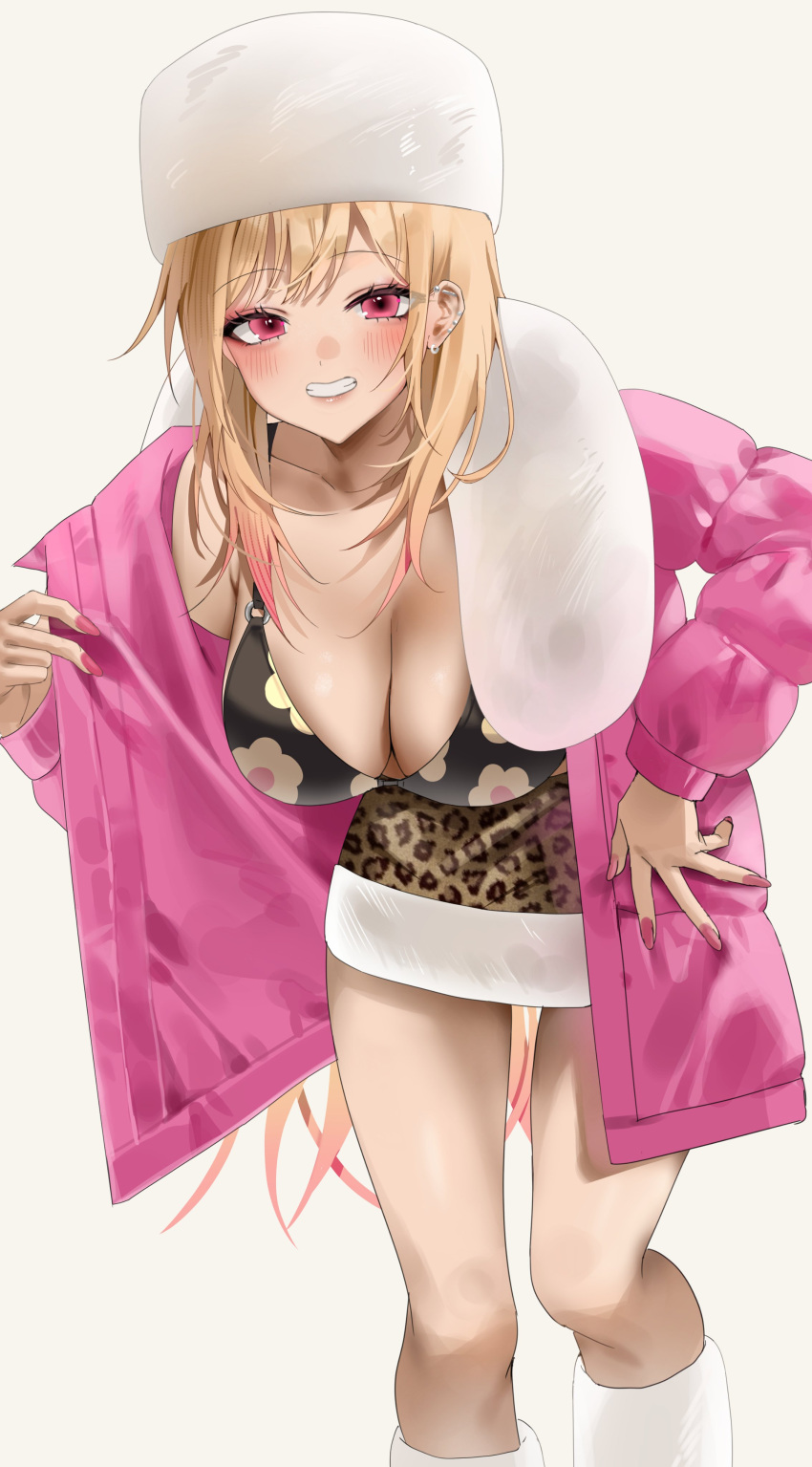 1girl absurdres blonde_hair blush breasts cleavage commentary educk eyeshadow feet_out_of_frame grey_background grin highres jacket kitagawa_marin large_breasts long_sleeves looking_at_viewer makeup nail_polish off_shoulder open_clothes open_jacket pink_eyes pink_jacket pink_nails simple_background single_bare_shoulder smile solo sono_bisque_doll_wa_koi_wo_suru standing thighs white_headwear