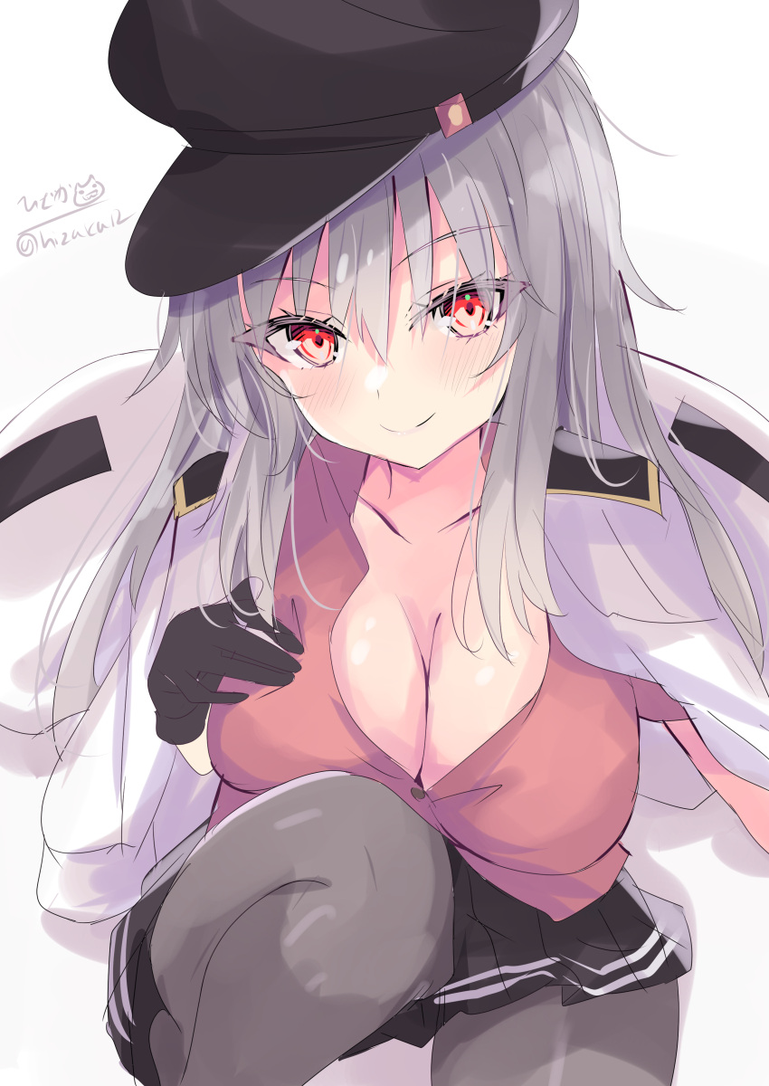 1girl absurdres artist_logo black_skirt breasts cleavage dress_shirt gangut_(kancolle) gangut_dva_(kancolle) grey_hair grey_pantyhose highres hizaka jacket jacket_on_shoulders kantai_collection large_breasts military_jacket military_uniform one-hour_drawing_challenge pantyhose pleated_skirt red_eyes red_shirt shirt skirt solo squatting twitter_username uniform white_background white_jacket