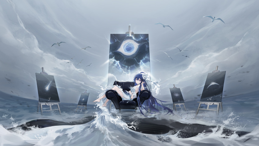 1girl absurdres ahoge barefoot bird blue_eyes blue_hair breasts dress electricity flower hair_flower hair_ornament highres jiangyiting17 liquid_dress long_hair lying magic medium_breasts ocean on_chair original overcast painting_(object) seagull sky solo very_long_hair waves white_dress white_flower wide_shot