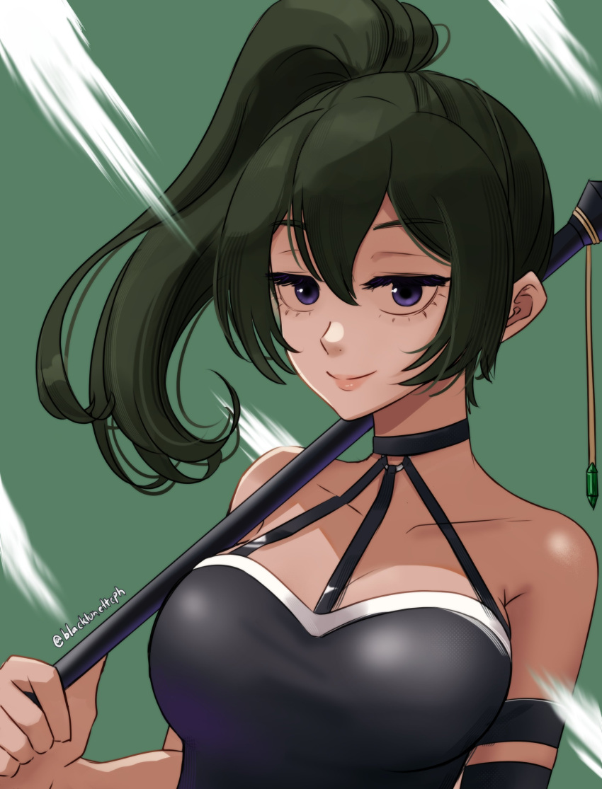 1girl absurdres black_dress black_lunette breasts closed_mouth commentary dress eyelashes green_background green_hair hair_between_eyes halterneck high_side_ponytail highres holding holding_staff large_breasts lips long_hair looking_at_viewer medium_bangs purple_eyes sleeveless sleeveless_dress smile solo sousou_no_frieren staff twitter_username ubel_(sousou_no_frieren) upper_body