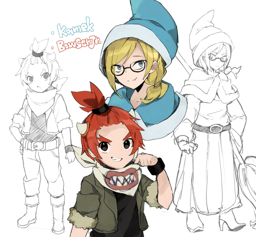 2boys absurdres bandana belt black_shirt blonde_hair blue_headwear bowser_jr. bracelet broom character_name glasses grey_jacket hand_on_own_hip high_heels highres holding holding_broom horns jacket jewelry kamek long_hair looking_at_viewer lzesmelt mario_(series) multiple_boys multiple_views pants personification red_hair robe shirt shoes short_hair sketch smile thick_eyebrows white_background