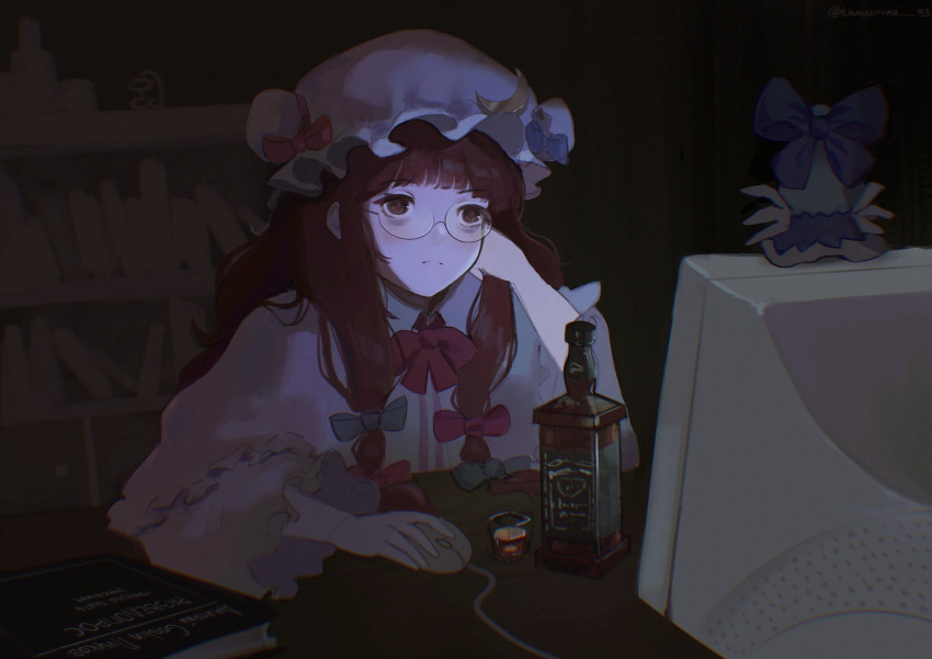 1girl alcohol blue_bow book bottle bow bowtie cirno collared_shirt crescent crescent_hat_ornament crewmate_(among_us) dark fumo_(doll) glasses hat hat_ornament highres indoors long_hair long_sleeves mob_cap monitor mouse_(computer) patchouli_knowledge pink_bow pink_bowtie purple_eyes purple_hair russian_text shirt table tangerine_93 touhou translation_request