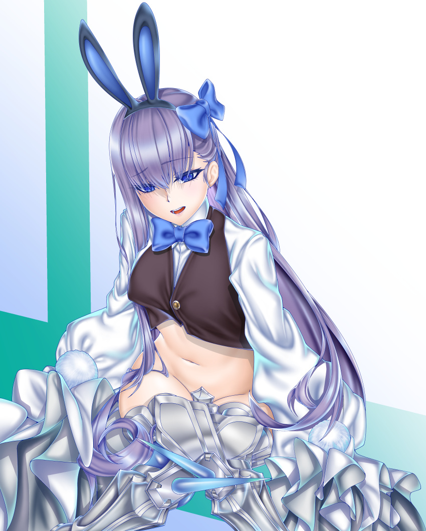 1girl absurdres animal_ears armored_boots black_vest blue_eyes blue_ribbon blush boots bow bowtie breasts cropped_vest crossed_legs crotch_plate fake_animal_ears fate/extra fate/extra_ccc fate/grand_order fate_(series) hair_ribbon highres kachihokori_satake long_hair long_sleeves looking_at_viewer meltryllis_(fate) navel open_mouth playboy_bunny prosthesis prosthetic_leg purple_hair rabbit_ears ribbon shirt sitting sleeves_past_fingers sleeves_past_wrists small_breasts very_long_hair vest white_shirt