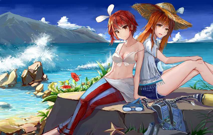 absurdres barefoot bikini blue_sky bodysuit brown_hair closed_mouth collarbone crossed_ankles diving_regulator diving_suit flower grand_blue hair_between_eyes hat highres knees_up kotegawa_chisa kotegawa_nanaka long_hair looking_at_viewer ocean open_clothes open_mouth open_shirt open_wetsuit outdoors oxygen_tank rock shirt short_hair siblings sisters sitting sitting_on_rock sky smile starfish strap_slip straw_hat sun_hat swim_goggles swimsuit waves waving wetsuit white_bikini white_shirt yuxia_(please6)